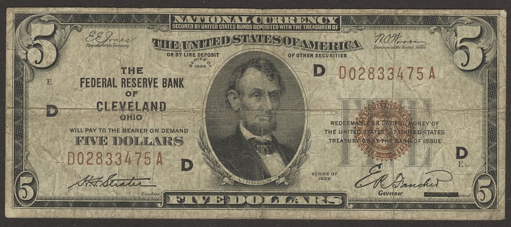 Fr.1850-D, 1929 $5 FRBN, Cleveland, Fine, D02833475A